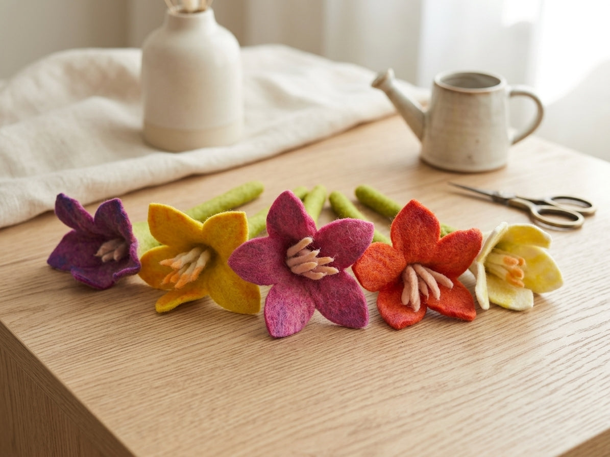 Handmade Felt Flower Set – Set of 5 Colourful Wool Flowers