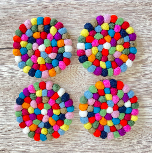 Rainbow Felt Ball Coasters – Handmade Wool Drink Mats