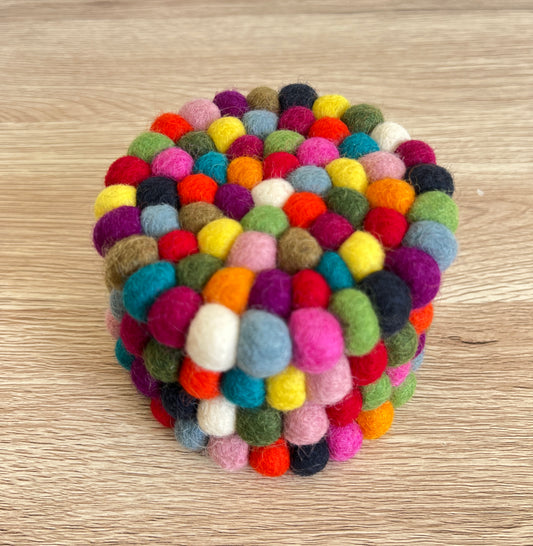 Rainbow Felt Ball Coasters – Handmade Wool Drink Mats