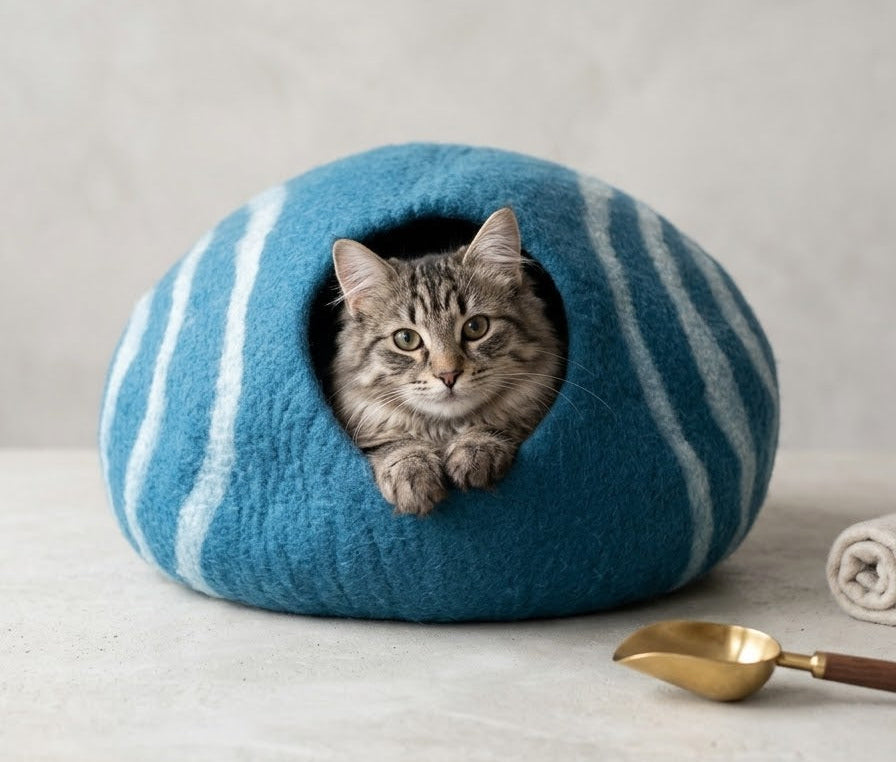 Blue & White Wool Felt Cat Cave | Handmade Cozy Cat House