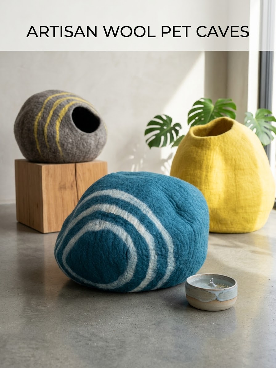 Blue & White Wool Felt Cat Cave | Handmade Cozy Cat House