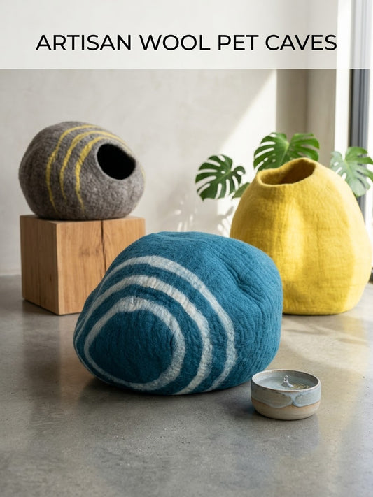 Blue & White Wool Felt Cat Cave | Handmade Cozy Cat House
